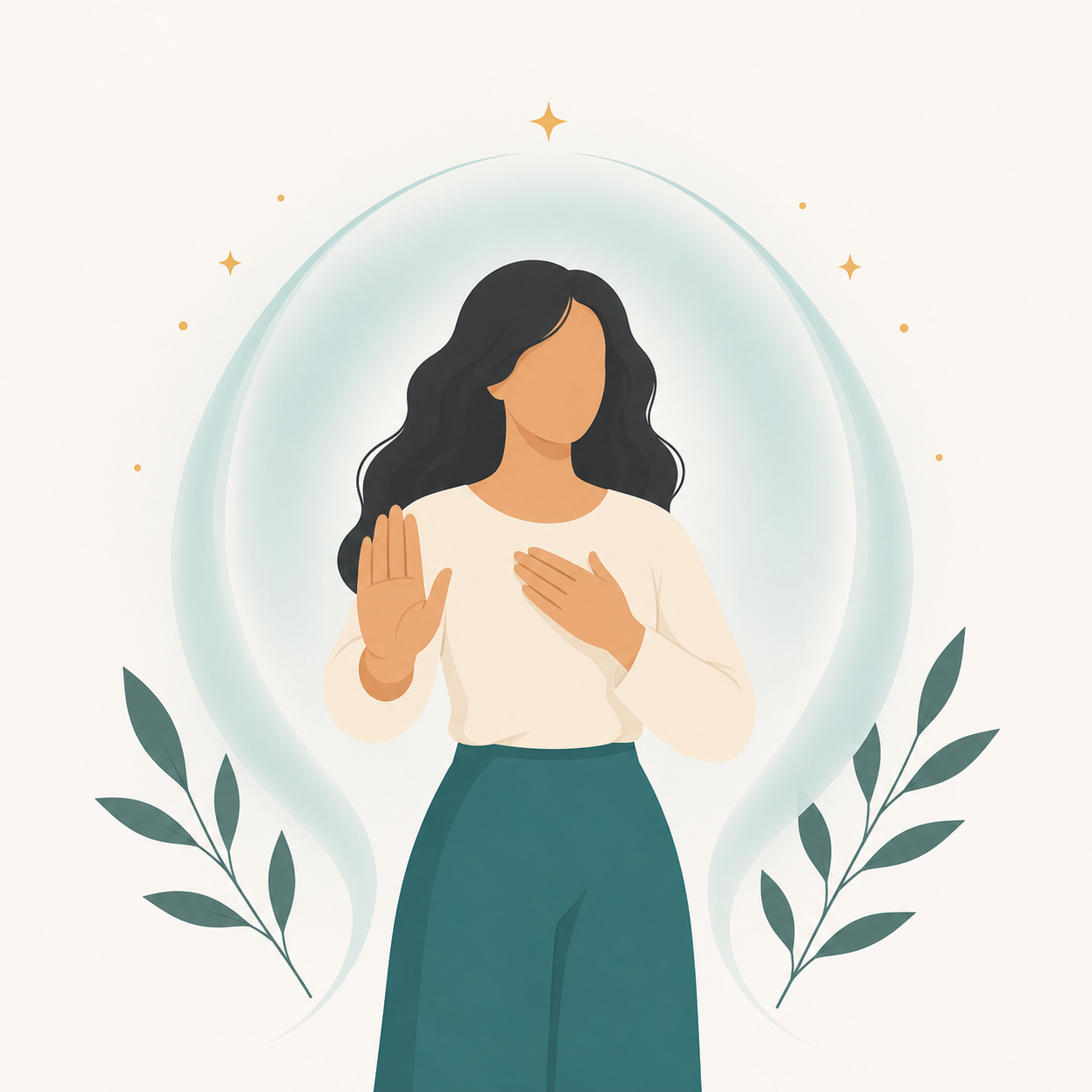 Emergency Boundary Scripts — a woman standing calm with one palm gently raised and a hand over her heart