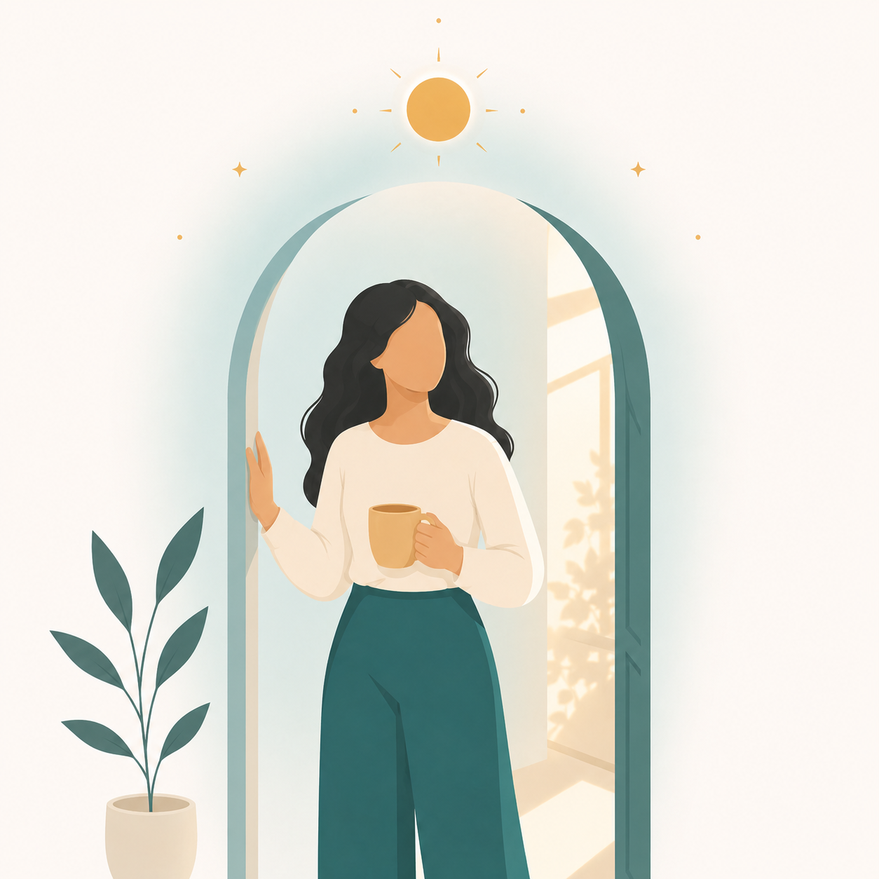 60-Second Micro-Rituals — a woman pausing in a sunlit doorway with a warm mug