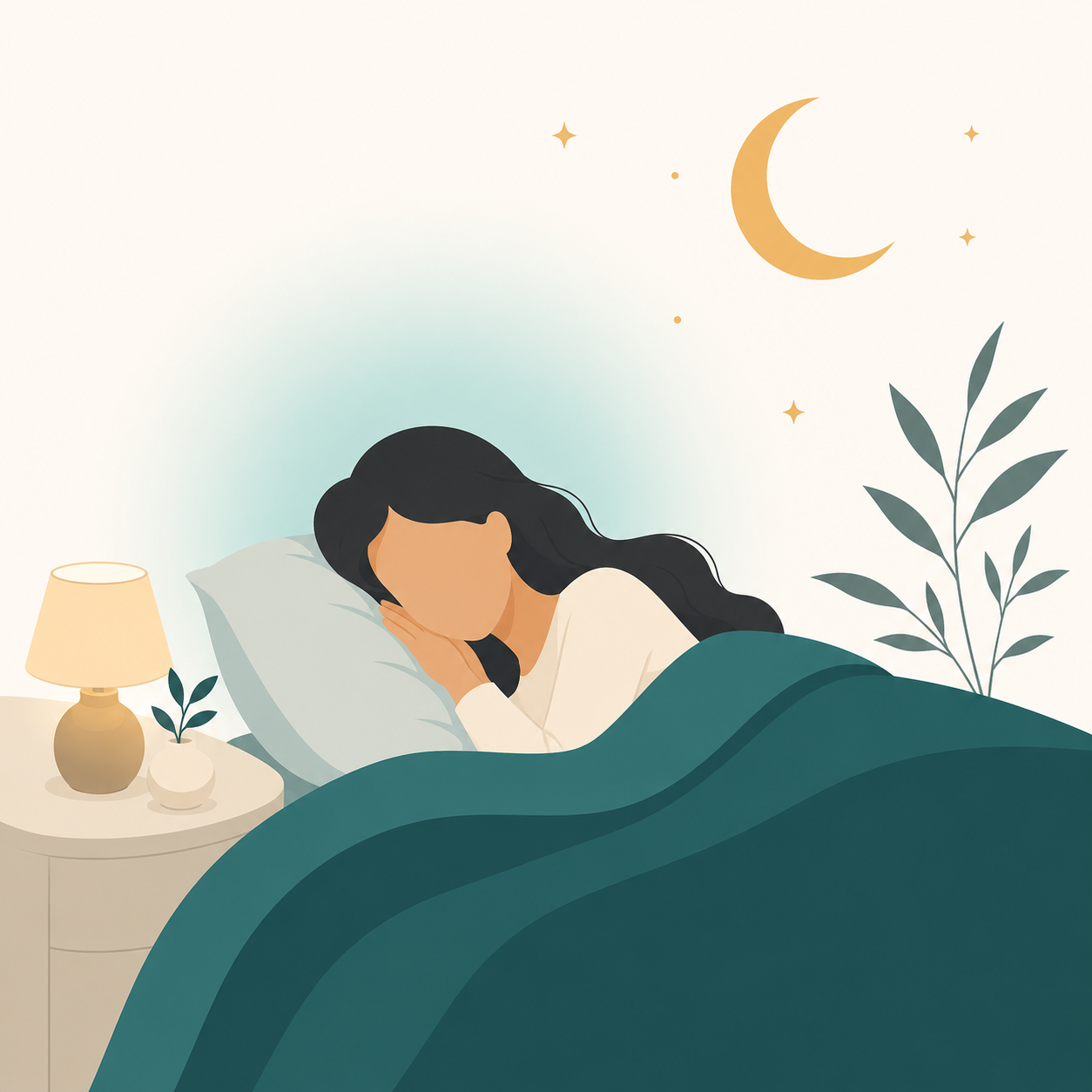 The Sleep Sanctuary Guide — a woman sleeping peacefully under a teal duvet beneath a gold crescent moon
